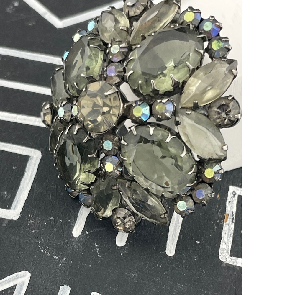 Verified Juliana D&E Brooch #8141 Smoky Gray Rhinestones Gunmetal AB Vintage
